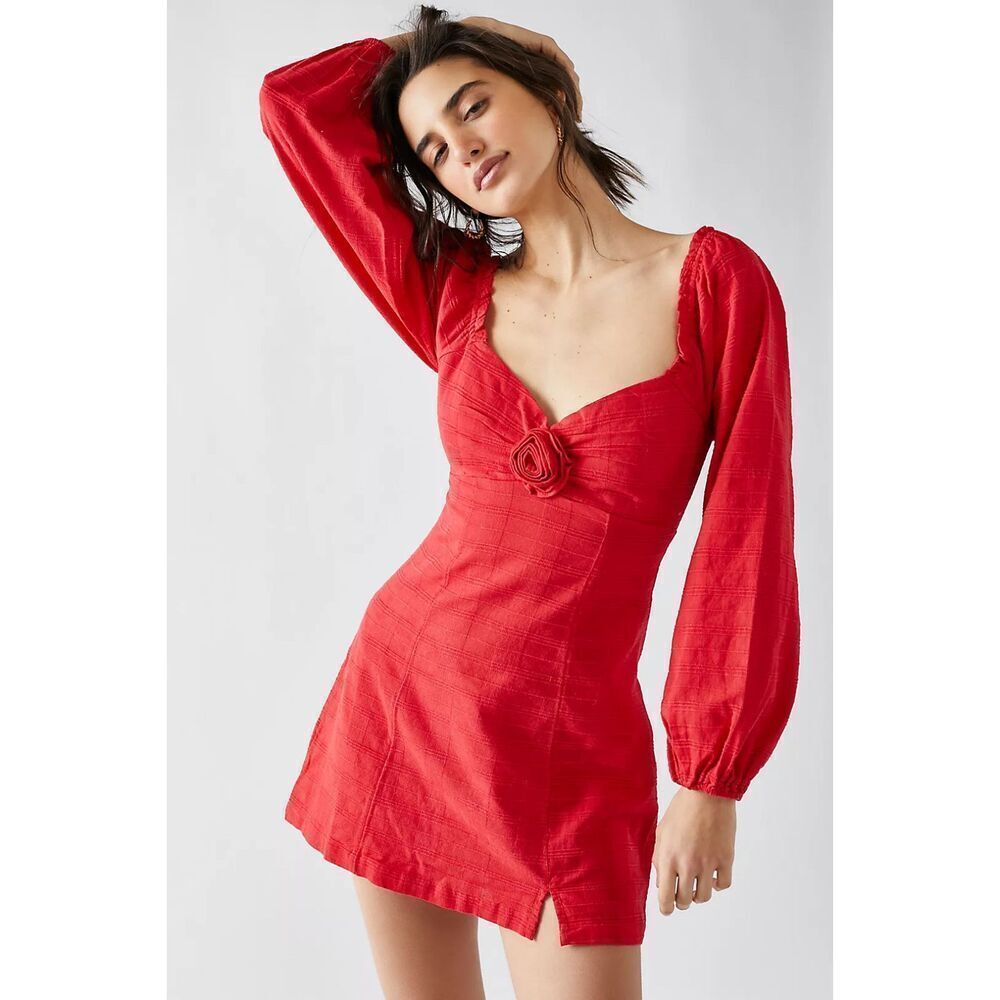 Free People Sweetheart Mini Dress Red Romantic Put A Rose On It Coquette M NEW